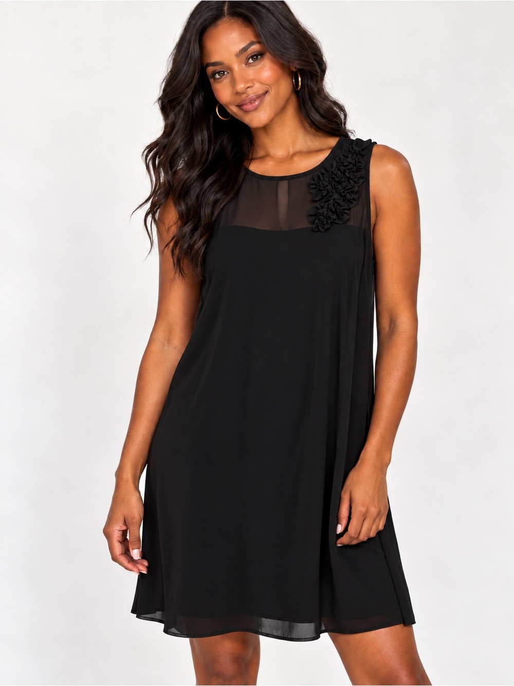 NWT MSK Women 22W Black Ruffle Mesh Sleeveless Dress